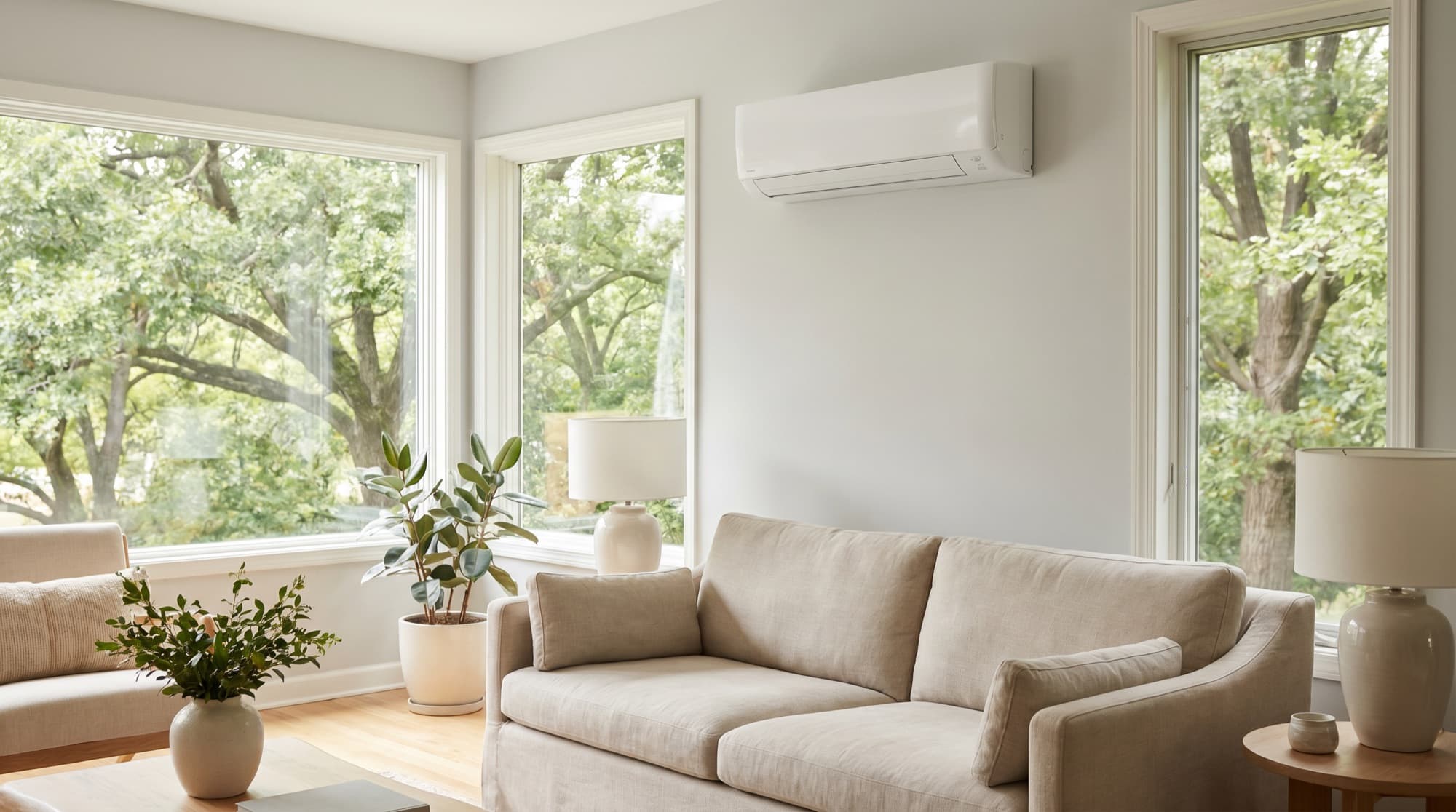 A ductless mini-split keeping a bright Hudson Valley living room cool